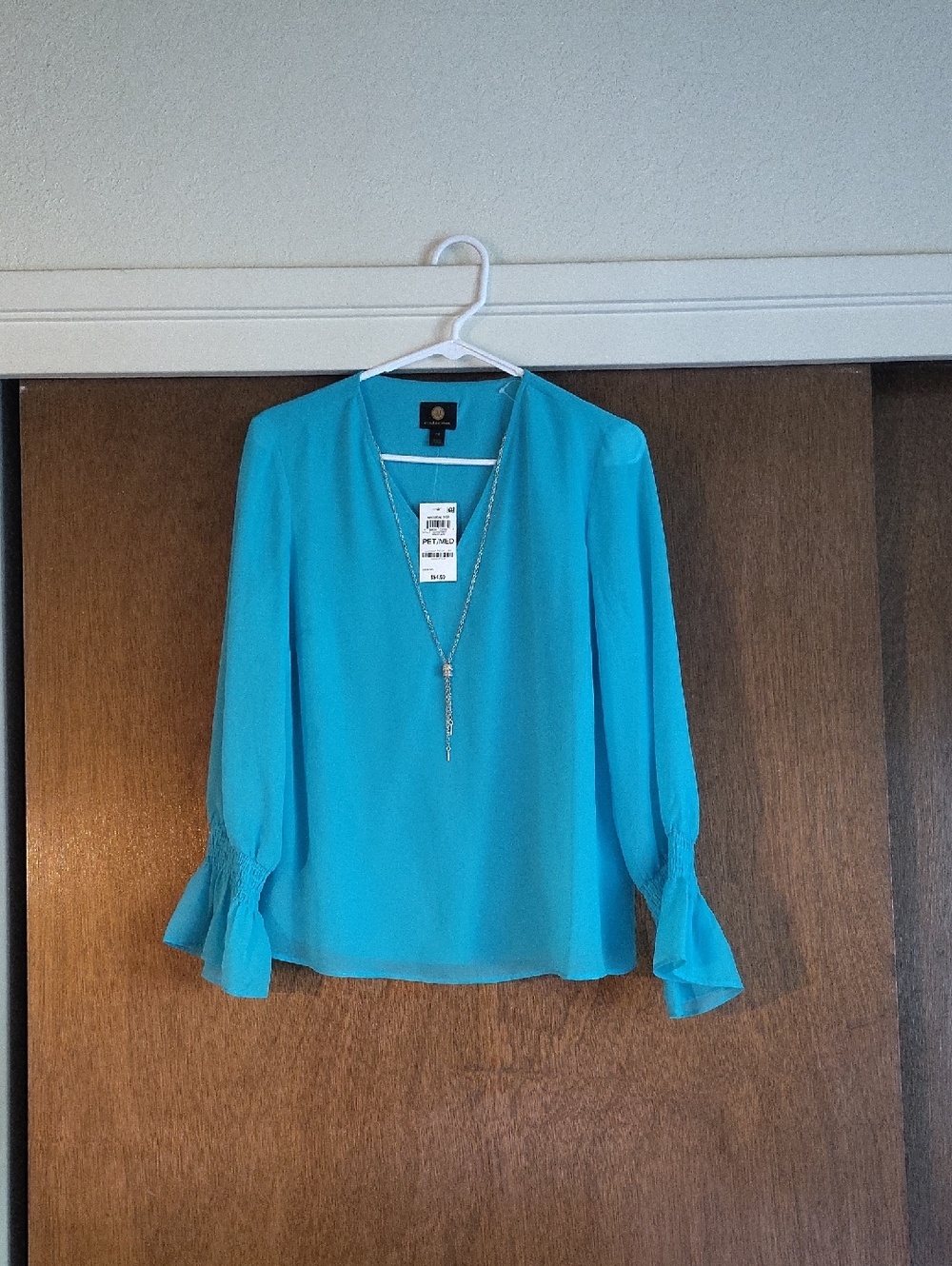 JM Collection Turquoise V-Neck Blouse with Pendant Detail